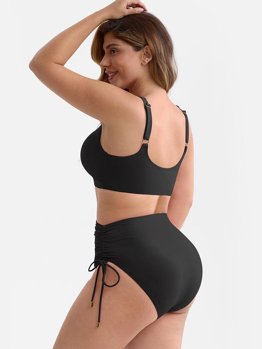 Wholesale Deep V Metal Ring Drawstring Tummy Control Swimsuit with Removable Pads