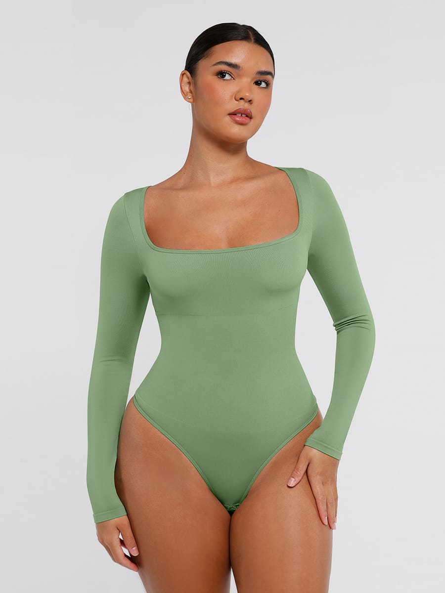 Wholesale 🌿Seamless Eco-friendly Square Neck Long Sleeve 360° Waist Control Thong Bodysuit SPU