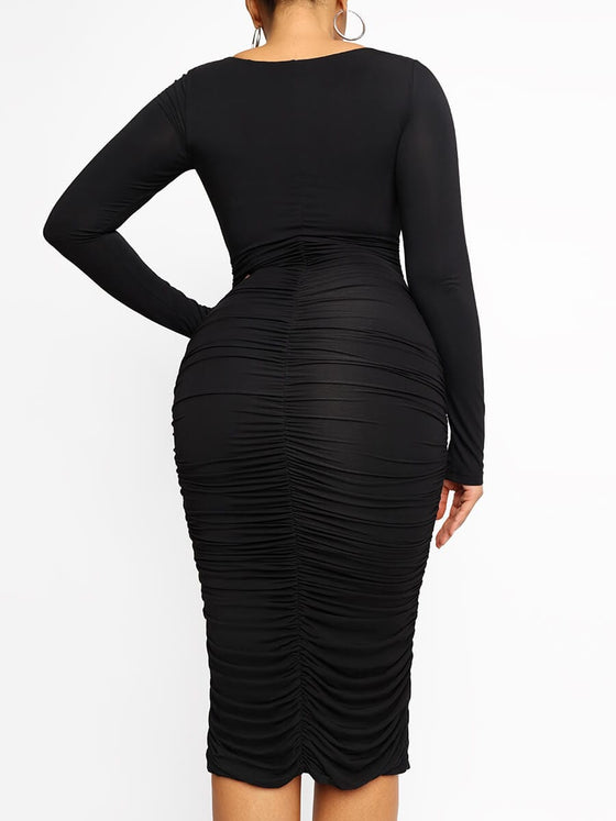 Wholesale Square-neck Long-sleeve Bodycon Bulit-in Shapewear Dress