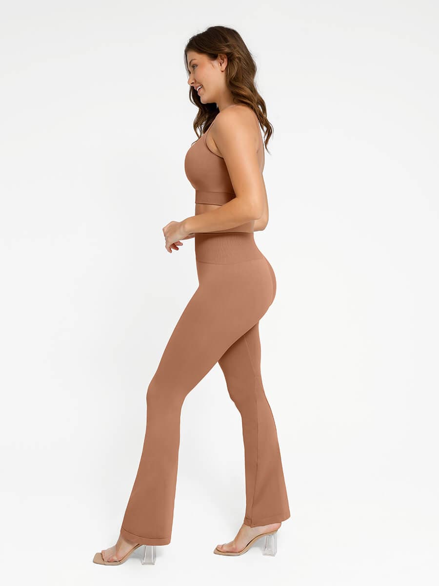 Wholesale Seamless Crew Neck Tracksuit with Flared Legs and Removable Breast Cups