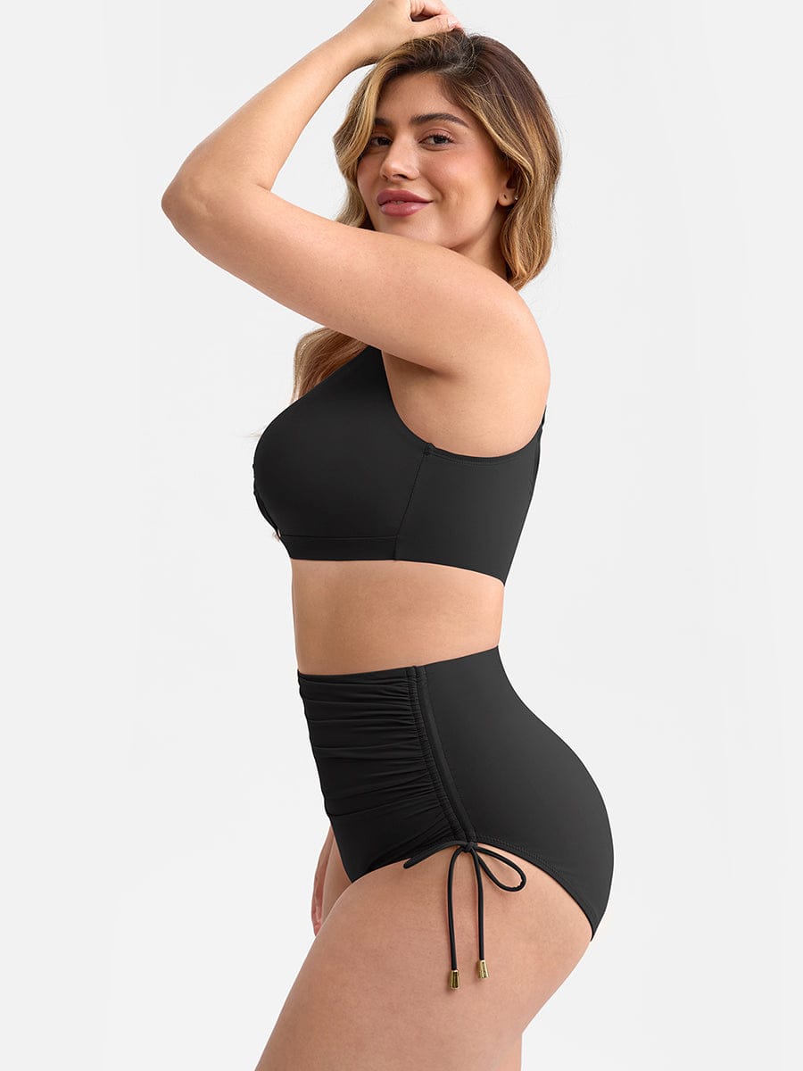 Wholesale Deep V Metal Ring Drawstring Tummy Control Swimsuit with Removable Pads