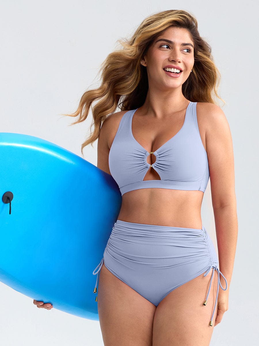 Wholesale Deep V Metal Ring Drawstring Tummy Control Swimsuit with Removable Pads