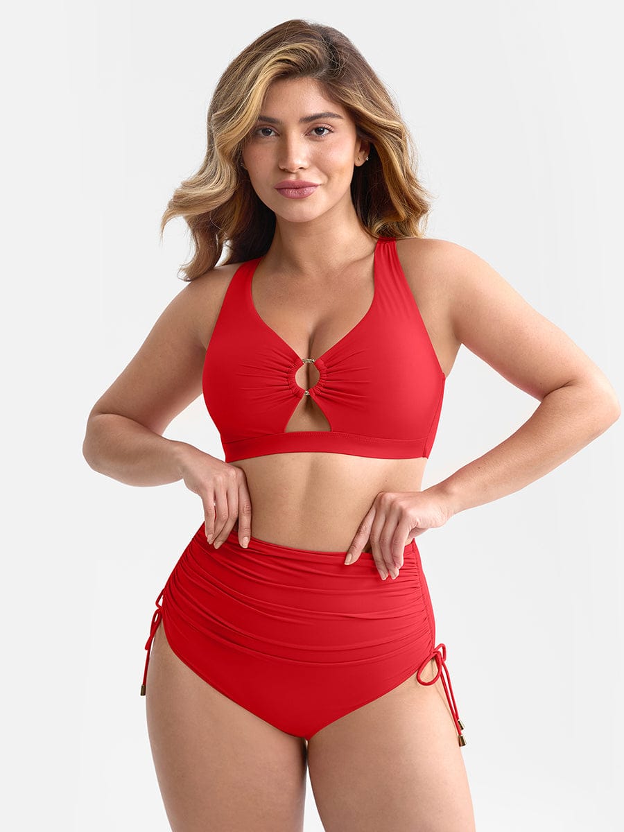 Wholesale Deep V Metal Ring Drawstring Tummy Control Swimsuit with Removable Pads