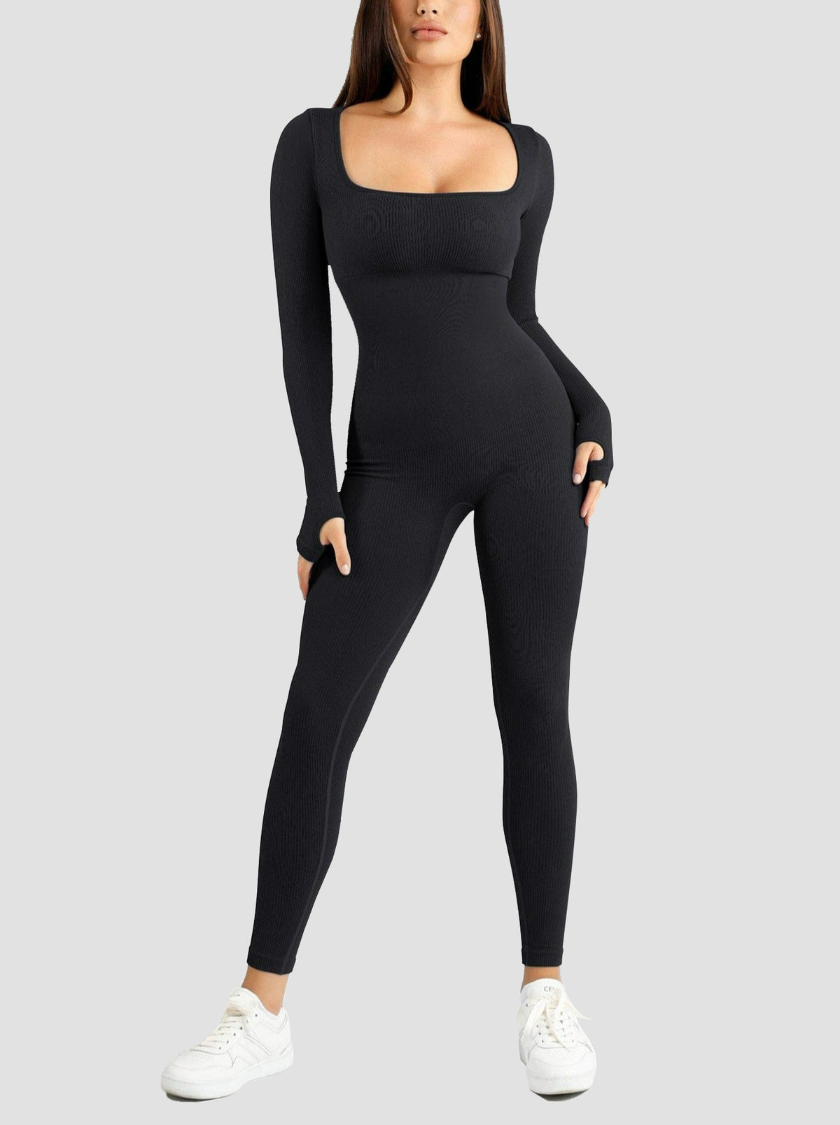 Wholesale Seamless Thumb Hole Square Neck Long Sleeve Jumpsuit