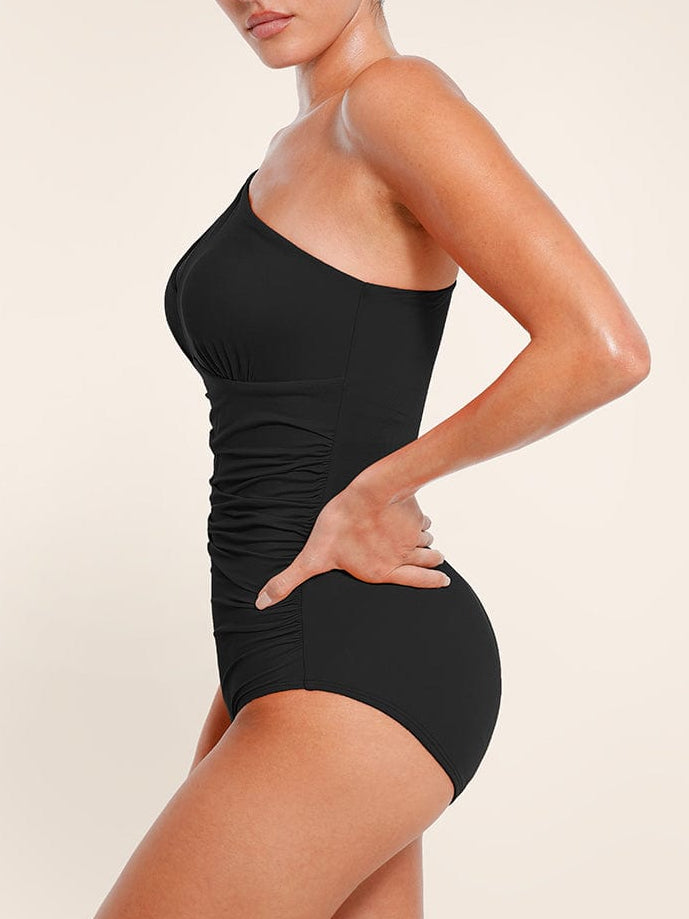 Wholesale One Shoulder One Piece Ruched Support Chest Swimwear