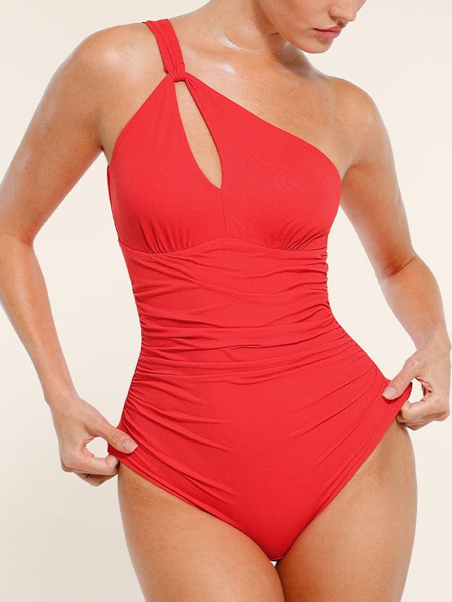 Wholesale One Shoulder One Piece Ruched Support Chest Swimwear