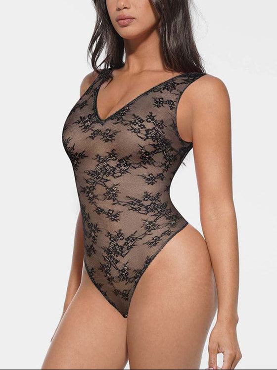 Wholesale Seamless Sexy Deep V-Neck Lace Shaping Thong Bodysuit