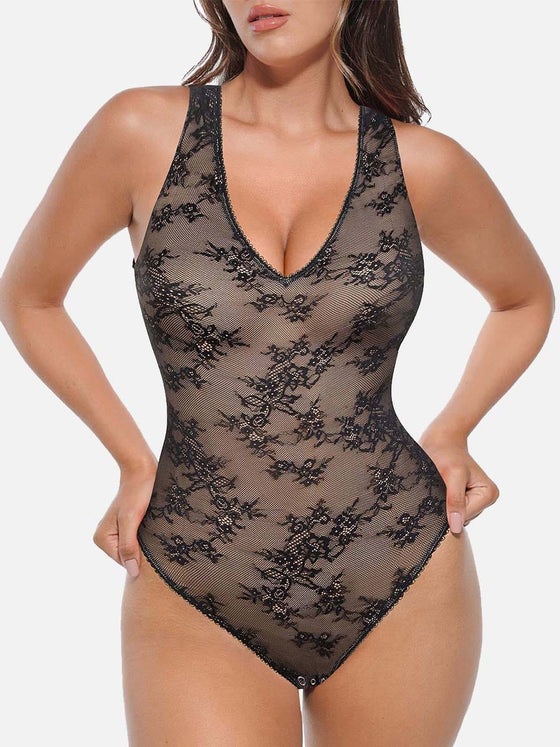 Wholesale Seamless Sexy Deep V-Neck Lace Shaping Thong Bodysuit