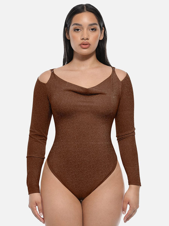 Wholesale Shiny Draped Neck All In One Shapewear Bodysuit with Built In Bra and Thong Snap Crotch