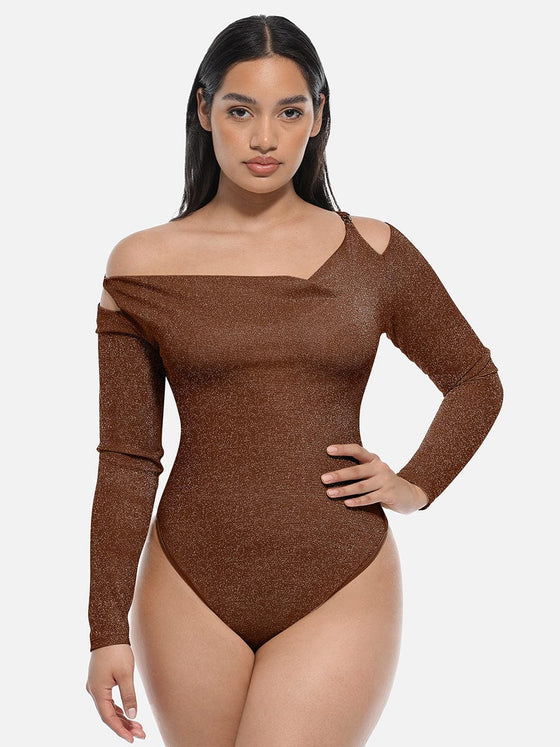 Wholesale Shiny Draped Neck All In One Shapewear Bodysuit with Built In Bra and Thong Snap Crotch