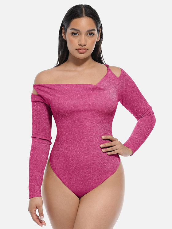 Wholesale Shiny Draped Neck All In One Shapewear Bodysuit with Built In Bra and Thong Snap Crotch
