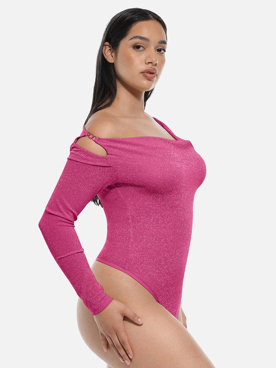 Wholesale Shiny Draped Neck All In One Shapewear Bodysuit with Built In Bra and Thong Snap Crotch