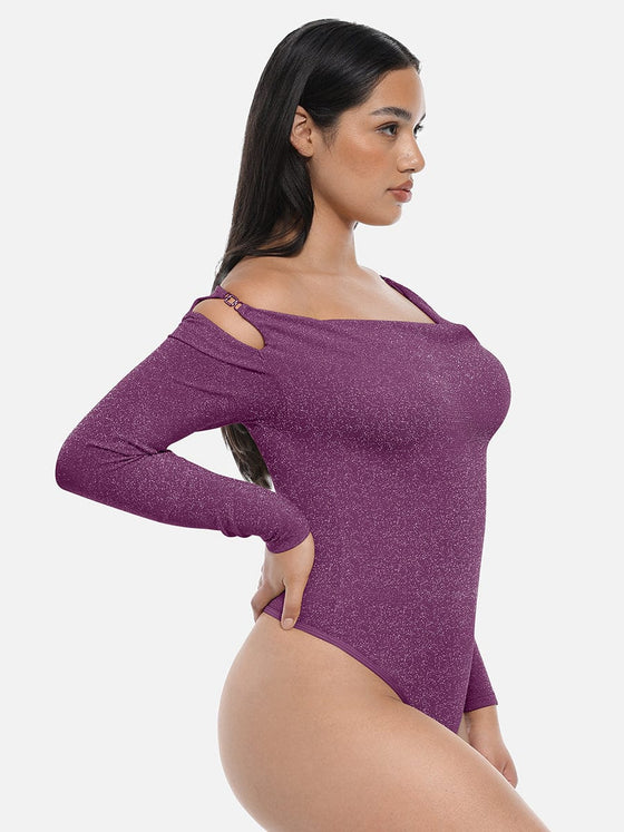 Wholesale Shiny Draped Neck All In One Shapewear Bodysuit with Built In Bra and Thong Snap Crotch