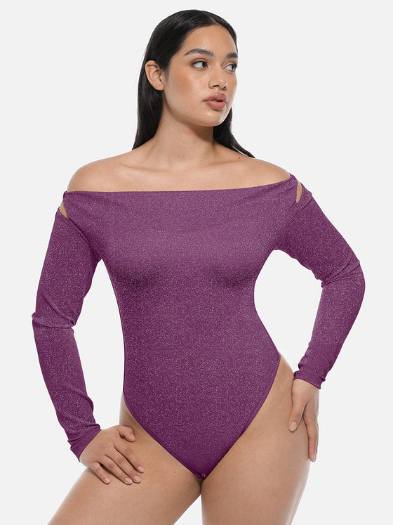 Wholesale Shiny Draped Neck All In One Shapewear Bodysuit with Built In Bra and Thong Snap Crotch
