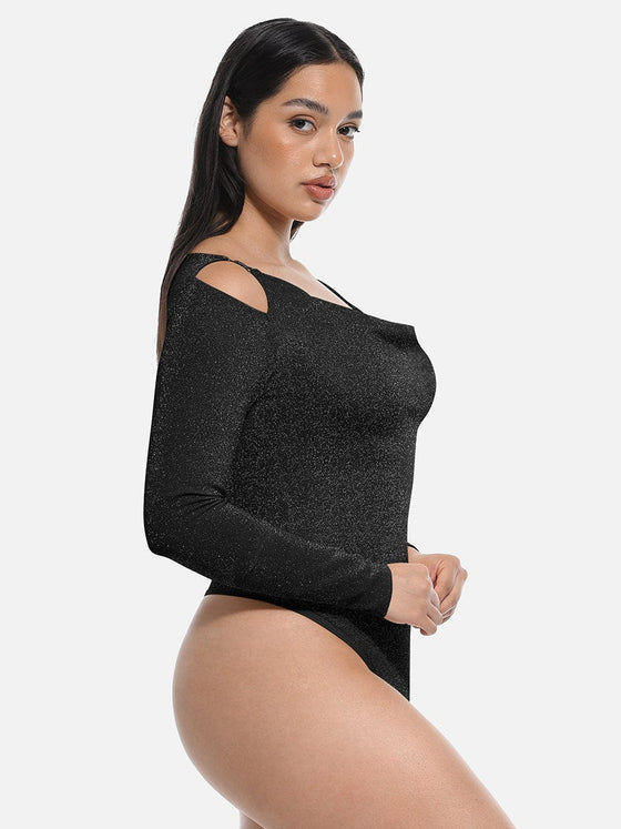 Wholesale Shiny Draped Neck All In One Shapewear Bodysuit with Built In Bra and Thong Snap Crotch