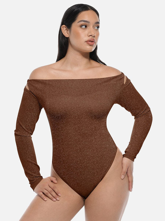 Wholesale Shiny Draped Neck All In One Shapewear Bodysuit with Built In Bra and Thong Snap Crotch