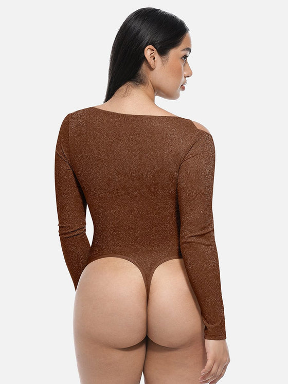 Wholesale Shiny Draped Neck All In One Shapewear Bodysuit with Built In Bra and Thong Snap Crotch