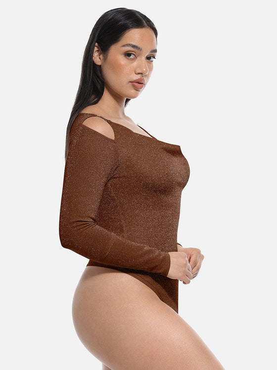 Wholesale Shiny Draped Neck All In One Shapewear Bodysuit with Built In Bra and Thong Snap Crotch