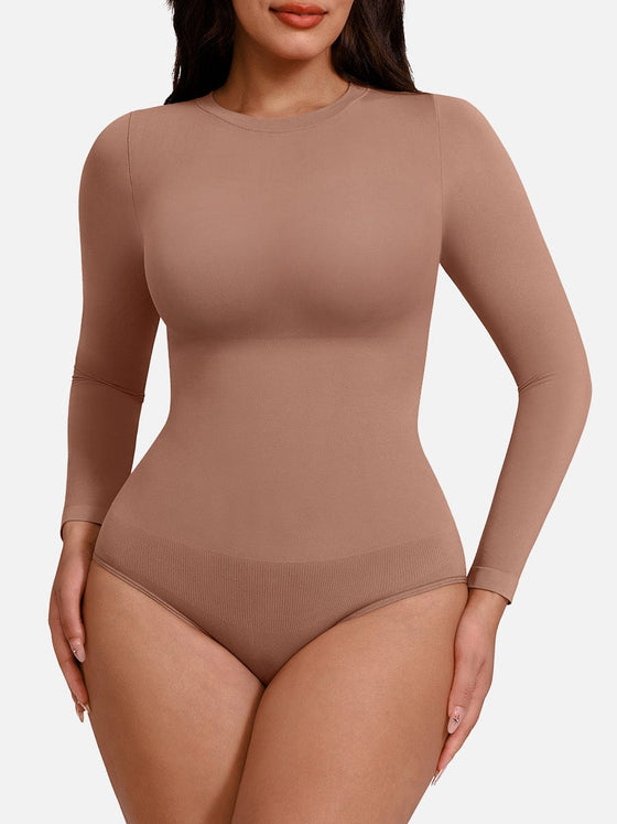 Wholesale Seamless Crew Neck Long Sleeve Tummy Control Snap Crotch Briefs Bodysuit