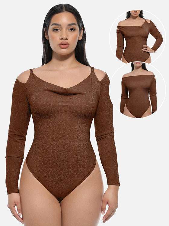 Wholesale Shiny Draped Neck All In One Shapewear Bodysuit with Built In Bra and Thong Snap Crotch