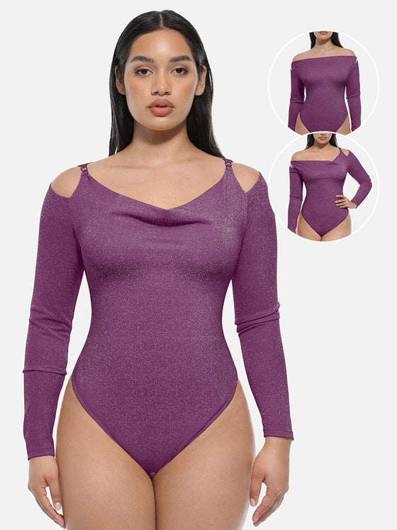 Wholesale Shiny Draped Neck All In One Shapewear Bodysuit with Built In Bra and Thong Snap Crotch