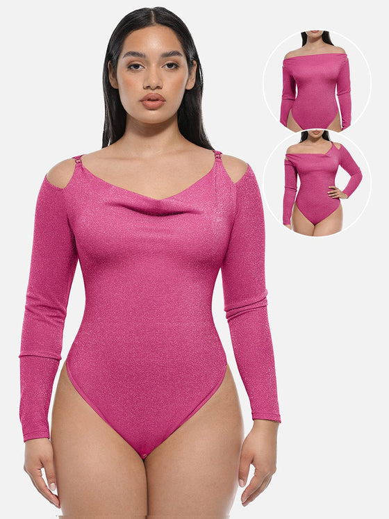Wholesale Shiny Draped Neck All In One Shapewear Bodysuit with Built In Bra and Thong Snap Crotch