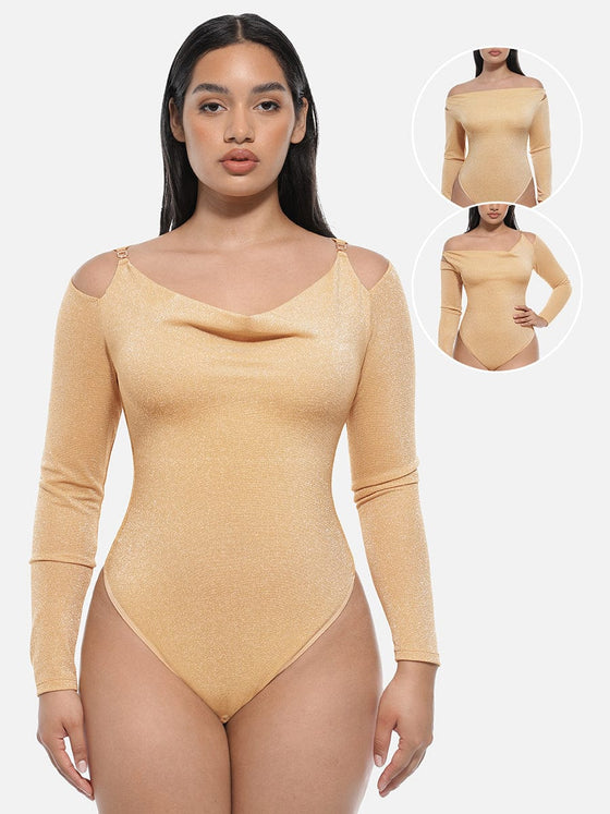 Wholesale Shiny Draped Neck All In One Shapewear Bodysuit with Built In Bra and Thong Snap Crotch