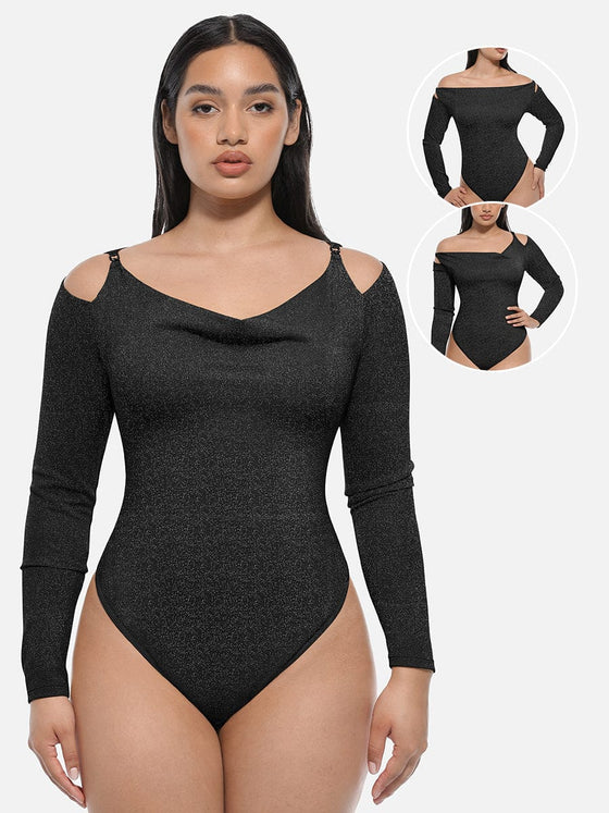 Wholesale Shiny Draped Neck All In One Shapewear Bodysuit with Built In Bra and Thong Snap Crotch