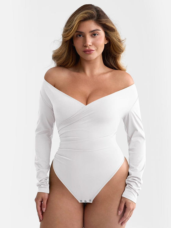 Wholesale Sexy V-neck Overlapping pleated Waist and Tummy Control Antibacterial Crotch Bodysuit