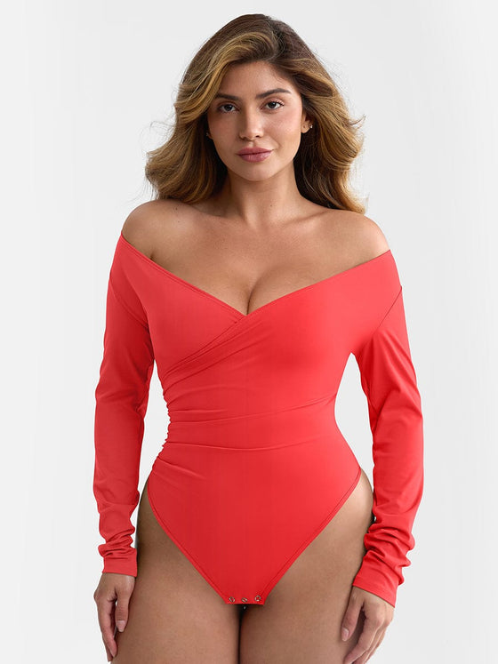 Wholesale Sexy V-neck Overlapping pleated Waist and Tummy Control Antibacterial Crotch Bodysuit
