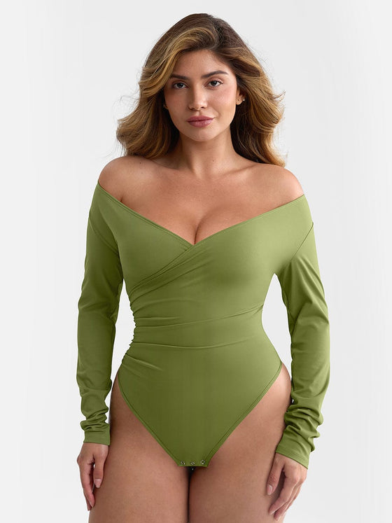 Wholesale Sexy V-neck Overlapping pleated Waist and Tummy Control Antibacterial Crotch Bodysuit