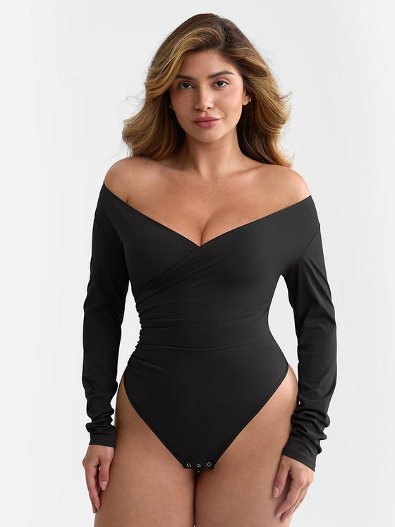 Wholesale Sexy V-neck Overlapping pleated Waist and Tummy Control Antibacterial Crotch Bodysuit
