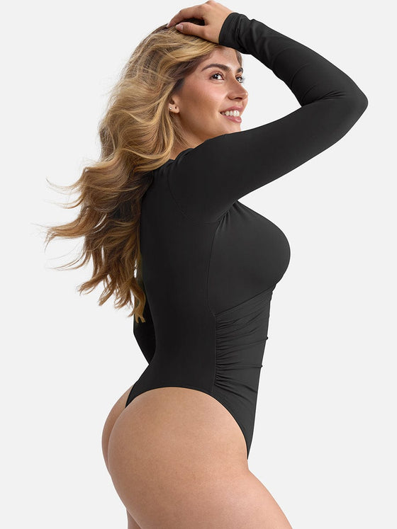 Wholesale Sexy V-neck Overlapping pleated Waist and Tummy Control Antibacterial Crotch Bodysuit