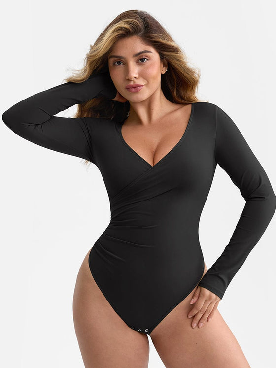 Wholesale Sexy V-neck Overlapping pleated Waist and Tummy Control Antibacterial Crotch Bodysuit