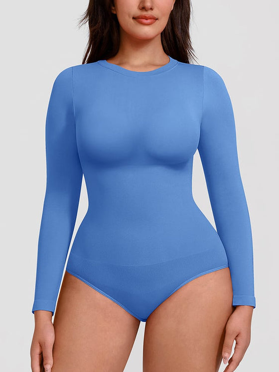 Wholesale Seamless Crew Neck Long Sleeve Tummy Control Snap Crotch Briefs Bodysuit SPU