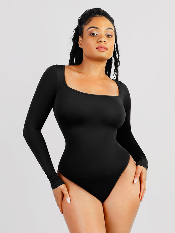 Wholesale 🌿Seamless Eco-friendly Square Neck Long Sleeve 360° Waist Control Thong Bodysuit SPU