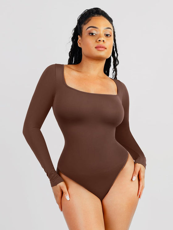 Wholesale 🌿Seamless Eco-friendly Square Neck Long Sleeve 360° Waist Control Thong Bodysuit SPU