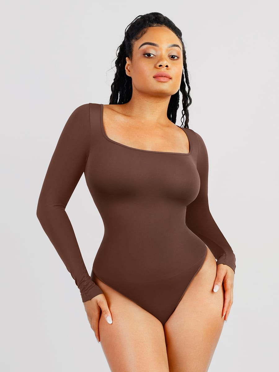Wholesale 🌿Seamless Eco-friendly Square Neck Long Sleeve 360° Waist Control Thong Bodysuit SPU