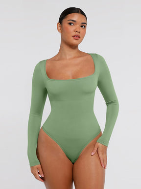 Wholesale 🌿Seamless Eco-friendly Square Neck Long Sleeve 360° Waist Control Thong Bodysuit SPU