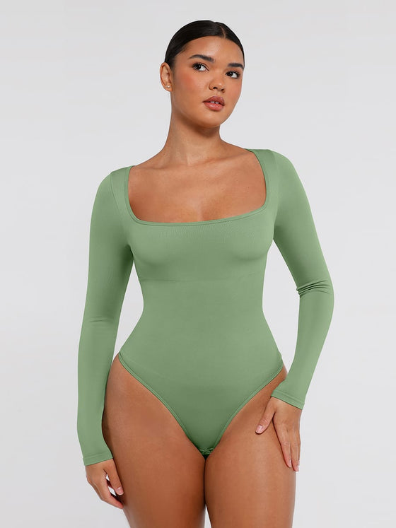 Wholesale 🌿Seamless Eco-friendly Square Neck Long Sleeve 360° Waist Control Thong Bodysuit SPU