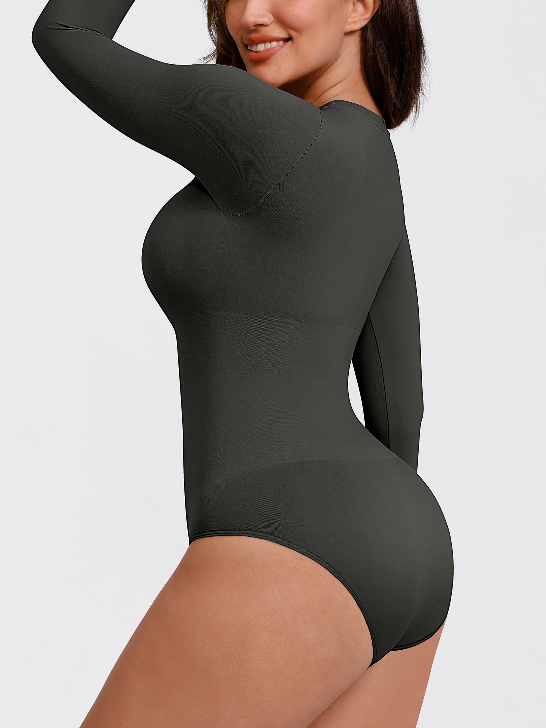 Wholesale Seamless Crew Neck Long Sleeve Tummy Control Snap Crotch Briefs Bodysuit SPU