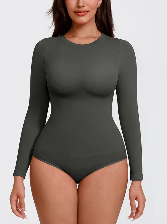 Wholesale Seamless Crew Neck Long Sleeve Tummy Control Snap Crotch Briefs Bodysuit SPU