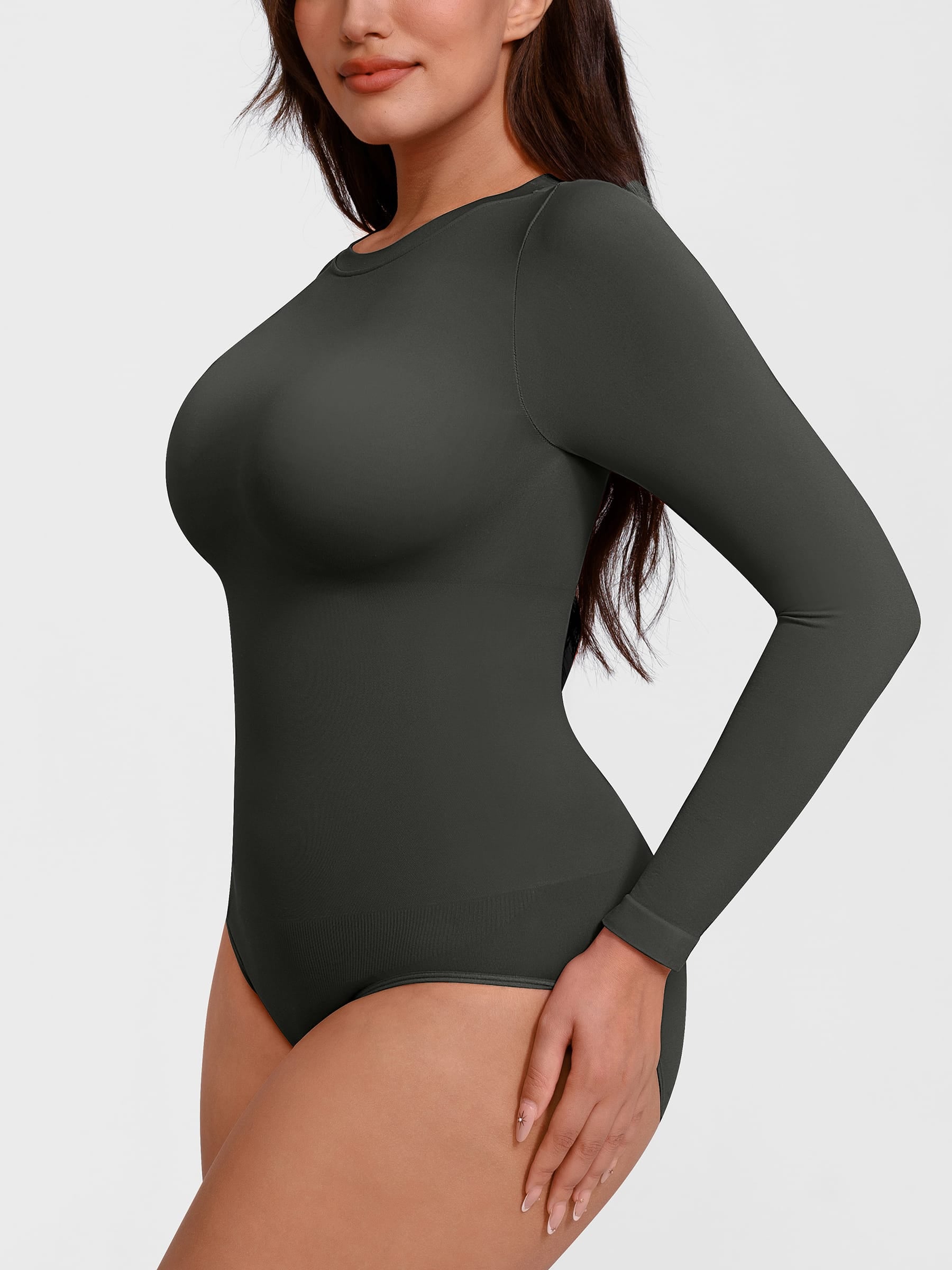 Wholesale Seamless Crew Neck Long Sleeve Tummy Control Snap Crotch Briefs Bodysuit SPU