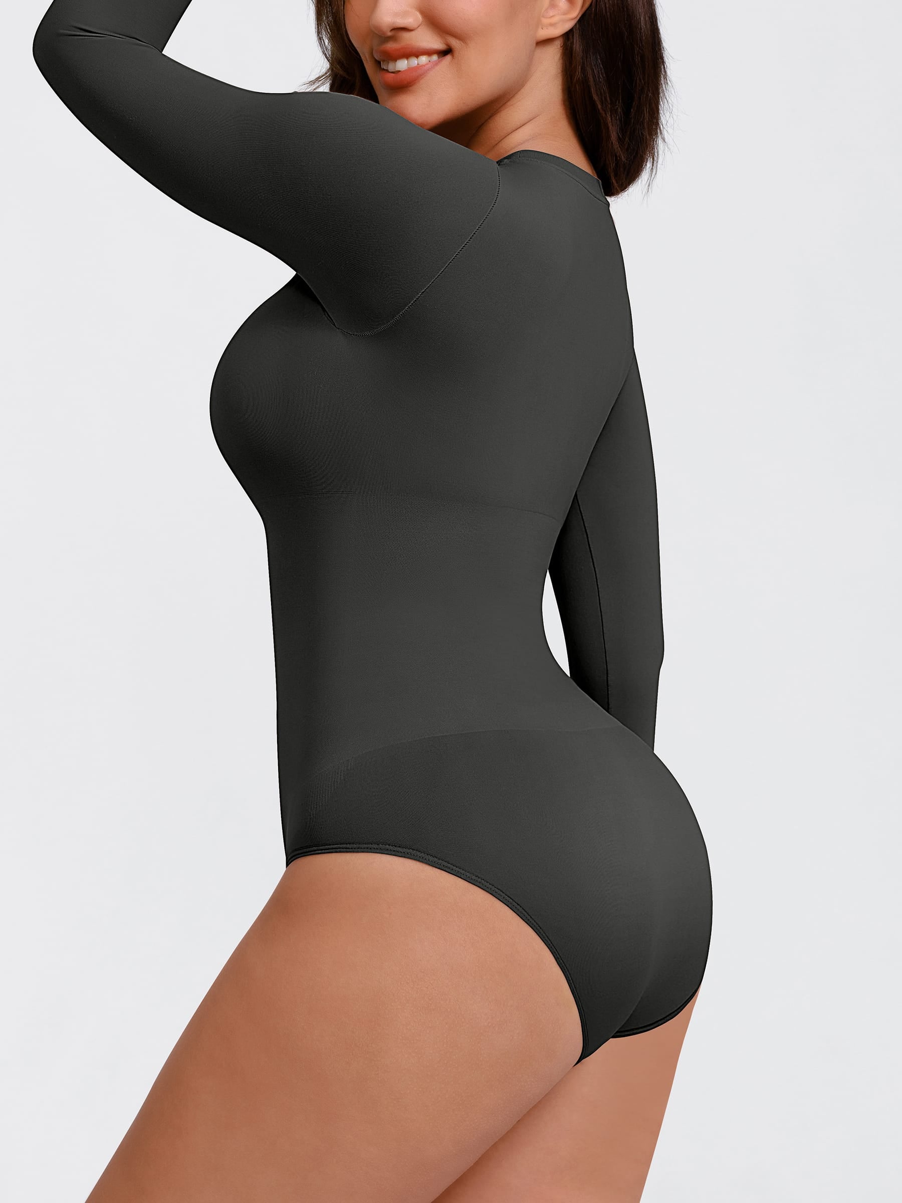 Wholesale Seamless Crew Neck Long Sleeve Tummy Control Snap Crotch Briefs Bodysuit SPU