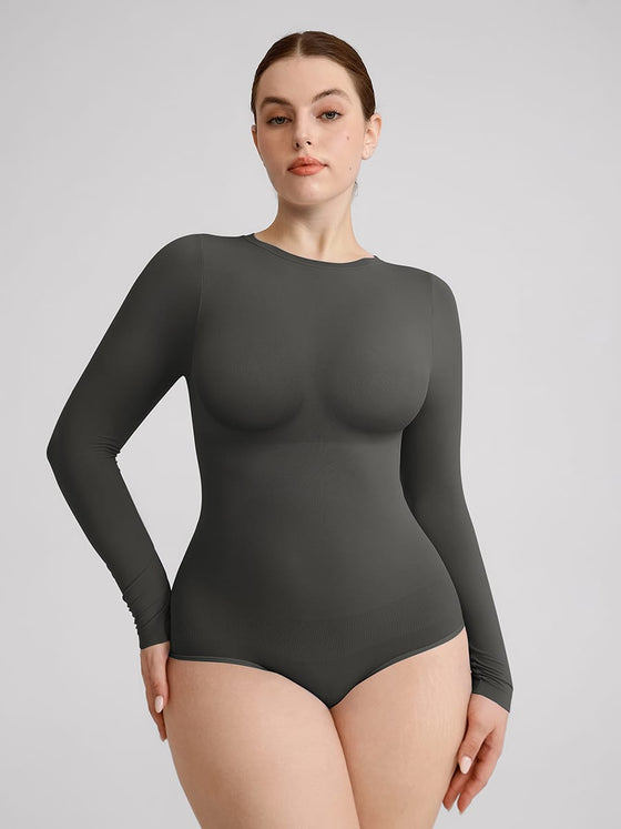 Wholesale Seamless Crew Neck Long Sleeve Tummy Control Snap Crotch Briefs Bodysuit SPU