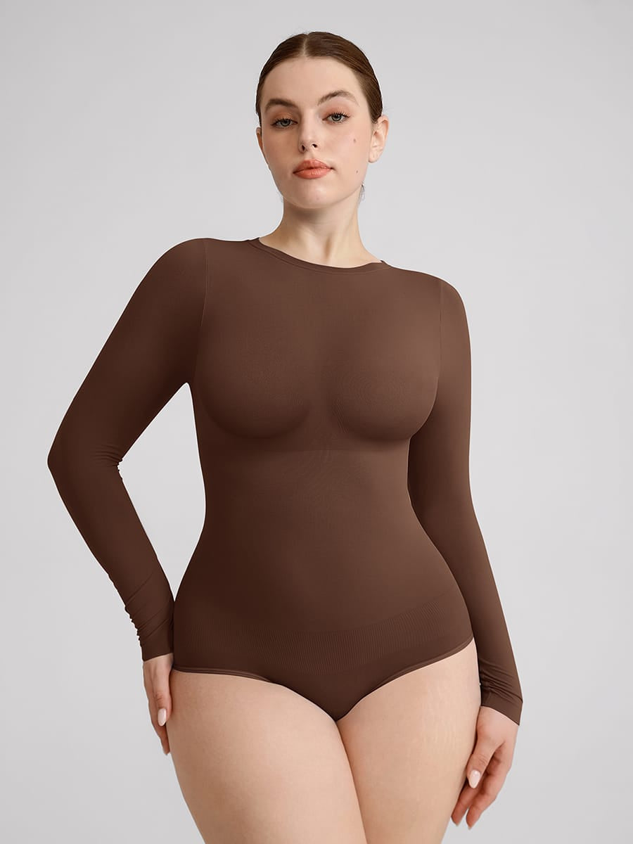 Wholesale Seamless Crew Neck Long Sleeve Tummy Control Snap Crotch Briefs Bodysuit SPU