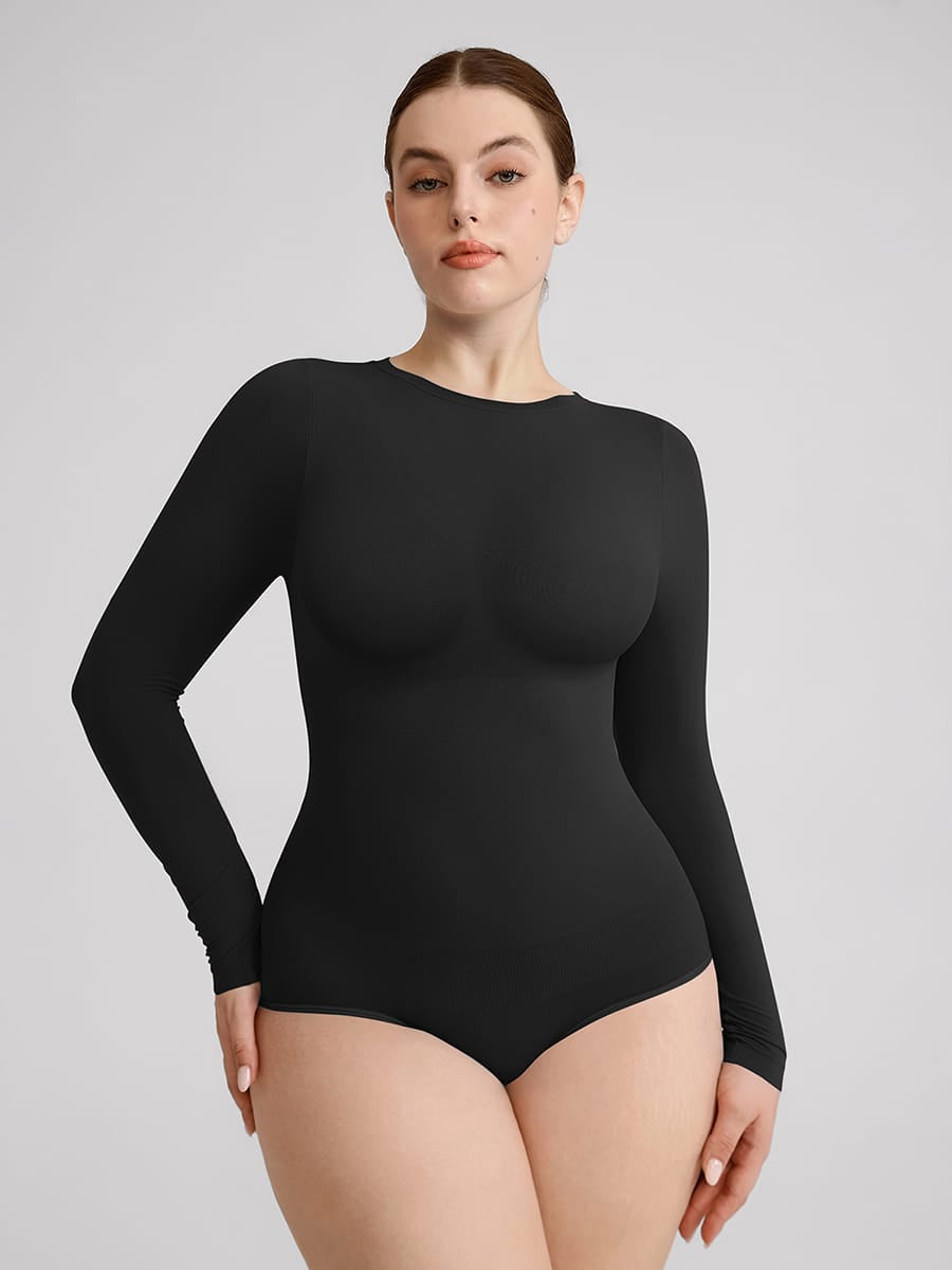 Wholesale Seamless Crew Neck Long Sleeve Tummy Control Snap Crotch Briefs Bodysuit SPU