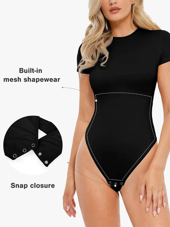 Wholesale Shapewear Short Sleeve Crew Neck Snap Gusset Bodysuit SPU