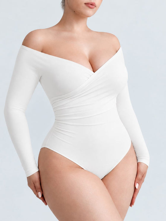 Wholesale Sexy V-neck Overlapping pleated Waist and Tummy Control Antibacterial Crotch Bodysuit SPU