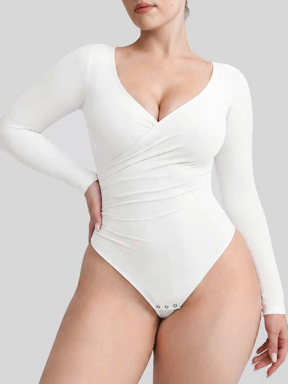 Wholesale Sexy V-neck Overlapping pleated Waist and Tummy Control Antibacterial Crotch Bodysuit SPU